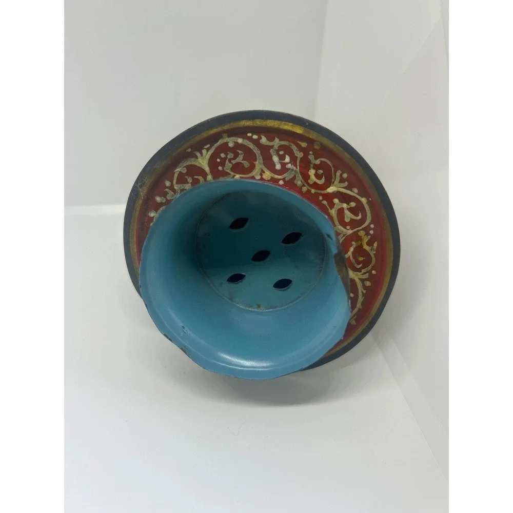 Vintage Hand Painted Metal Candle Holder Floral Folk Art Boho Decorative Taper